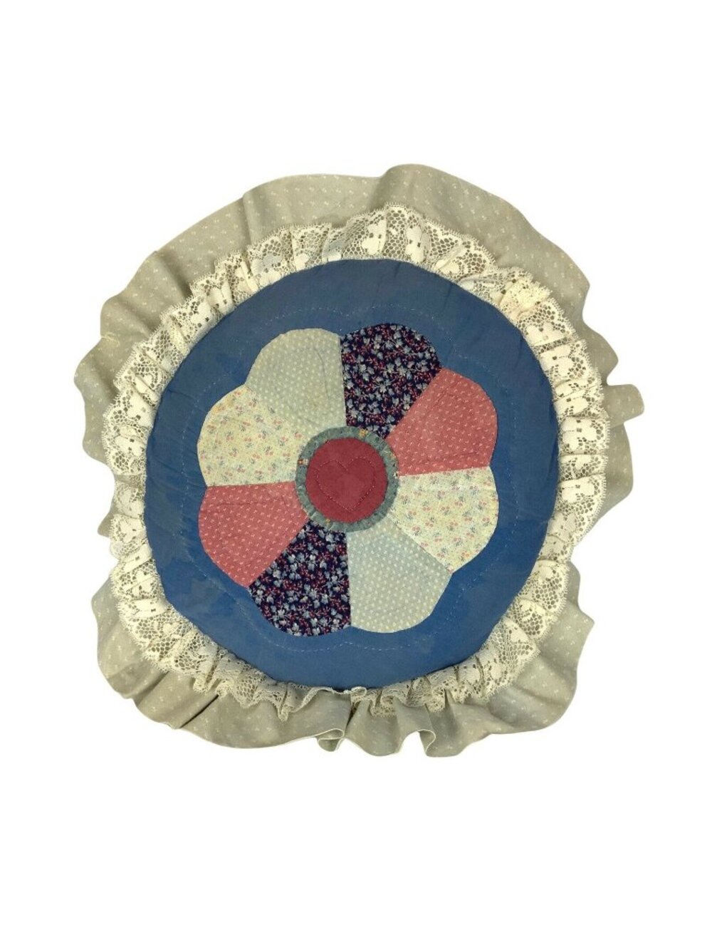 Handmade Vintage Dresden Flower Patchwork Round Pillow Blue Pink Cotton Ruffle